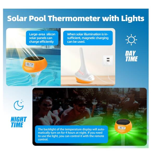 Pool Thermometer Floating Easy Read, Solar Digital Led Light and Backlit Display - Picture 5 of 6